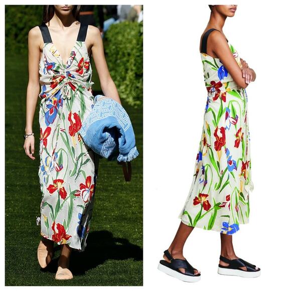 $898 TORY BURCH NWT RUNWAY Authentic Chiffon Iris Blue Cream Red Floral Dress 4 - Picture 3 of 15